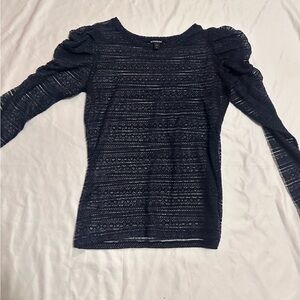 Express Fitted Navy Blue Puff Sleeve Sheer Laced Blouse